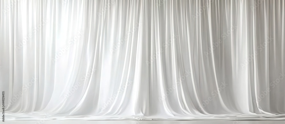 Fototapeta premium White flowing curtains hanging vertically in a minimalist space.