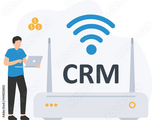 A businessman is using a CRM (Customer Relationship Management) system on his laptop to manage customer relationships, analyze client data, and boost company profits. The scene emphasizes business man