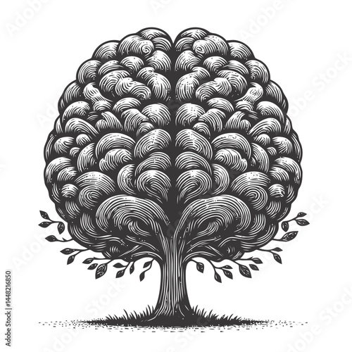 Artistic rendering of a tree shaped like a brain, emphasizing the interplay between intellect and natural life.