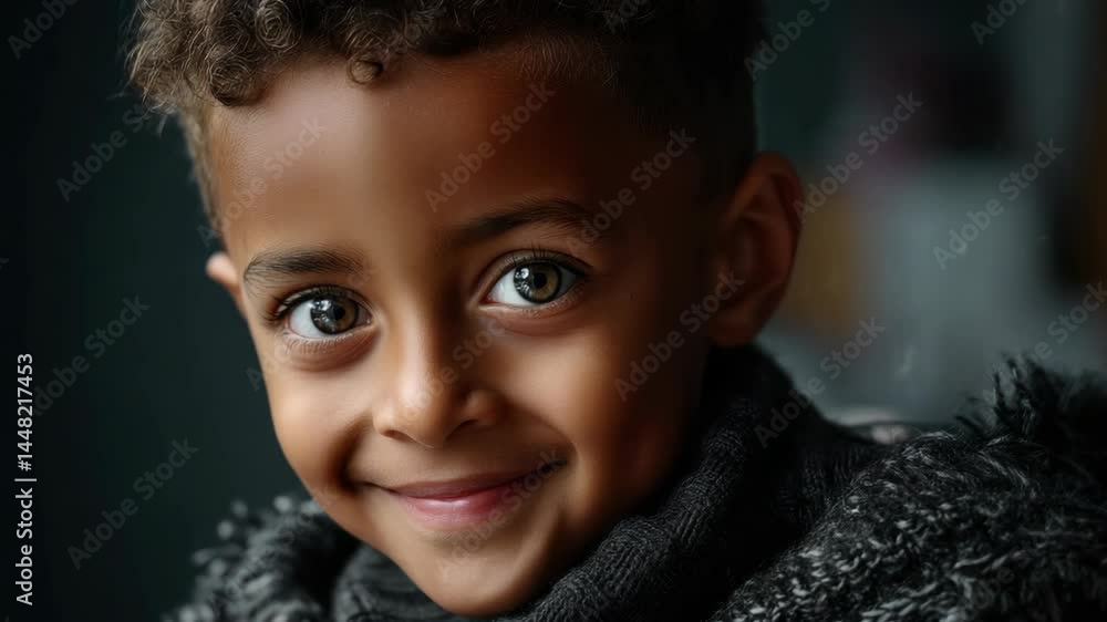 Close-up portrait of a young boy with curly hair and brown eyes smiling softly with a dark background. A warm and charming child's genuine expression. Close-up portrait of a young boy with curly hair and brown eyes smiling softly with a dark background. A warm and charming child's genuine expression.