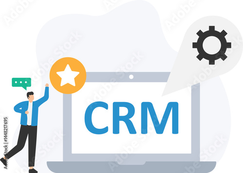 A businessman manages customer relationships using CRM software on his laptop, focusing on optimizing client interactions, improving customer retention, and enhancing business productivity. The scene 