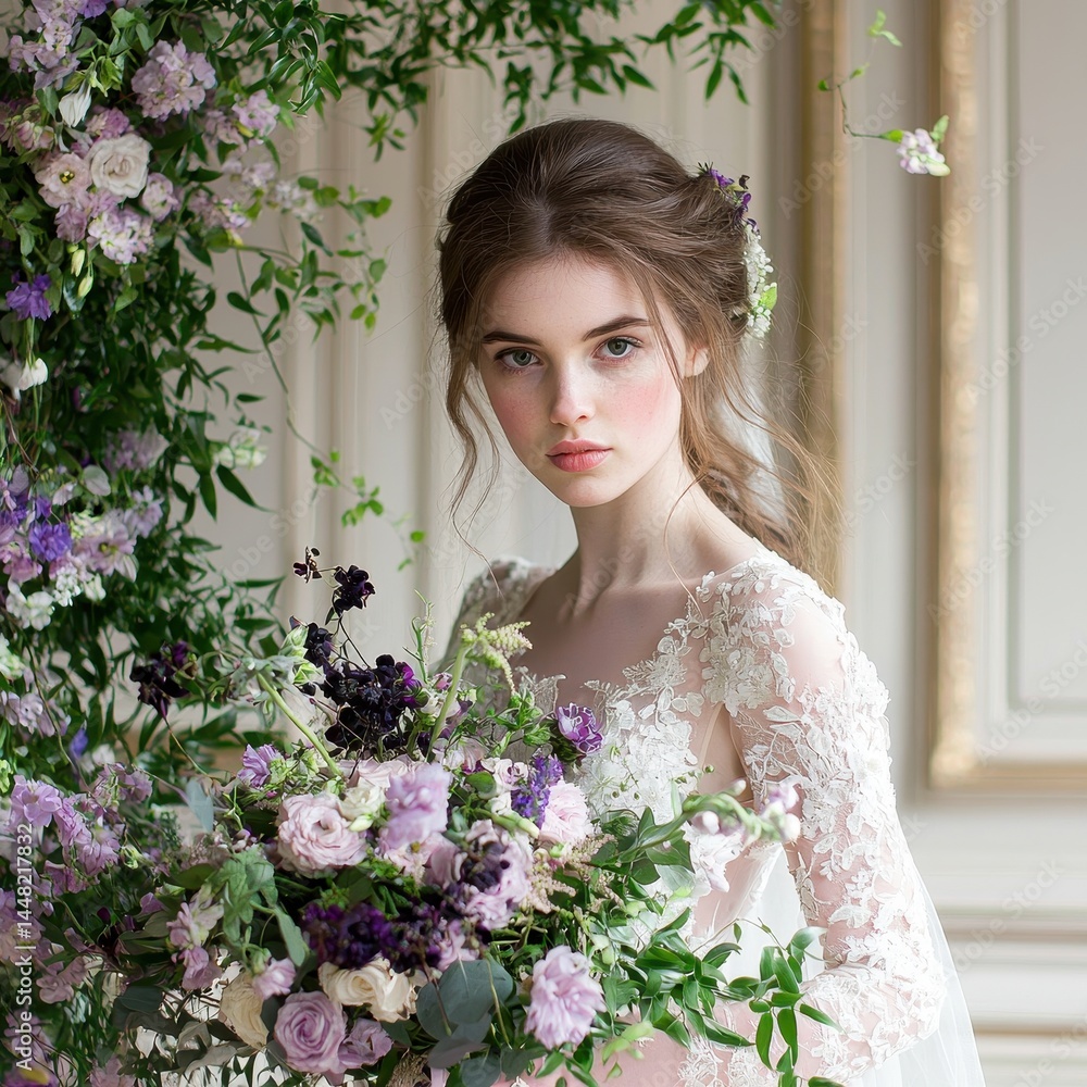 Romantic bride under an archway of flowers holding a matching bouquet, creating a cohesive and inviting wedding scene. Romantic bride under an archway of flowers holding a matching bouquet, creating a cohesive and inviting wedding scene.
