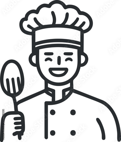 Black and white line art illustration of a smiling chef in uniform holding a spatula