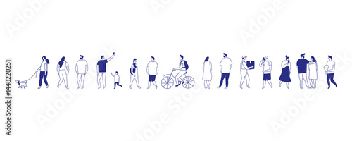 Background stylized people silhouette line vector set isolated on white. People crowd. Men and women, kids walking outdoor. Contour, drawing, people, character