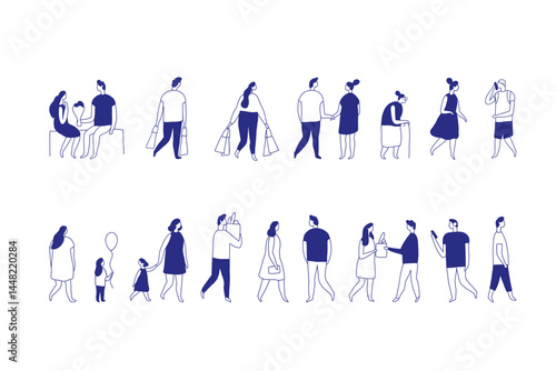 Background stylized people silhouette line vector set isolated on white. People crowd. Men and women, kids walking outdoor. Contour, drawing, people, character