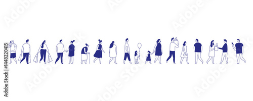 Background stylized people silhouette line vector set isolated on white. People crowd. Men and women, kids walking outdoor. Contour, drawing, people, character