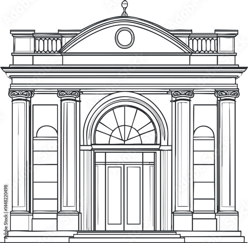 Illustration of a classical architectural building facade with columns, arched doorway, and decorative elements
