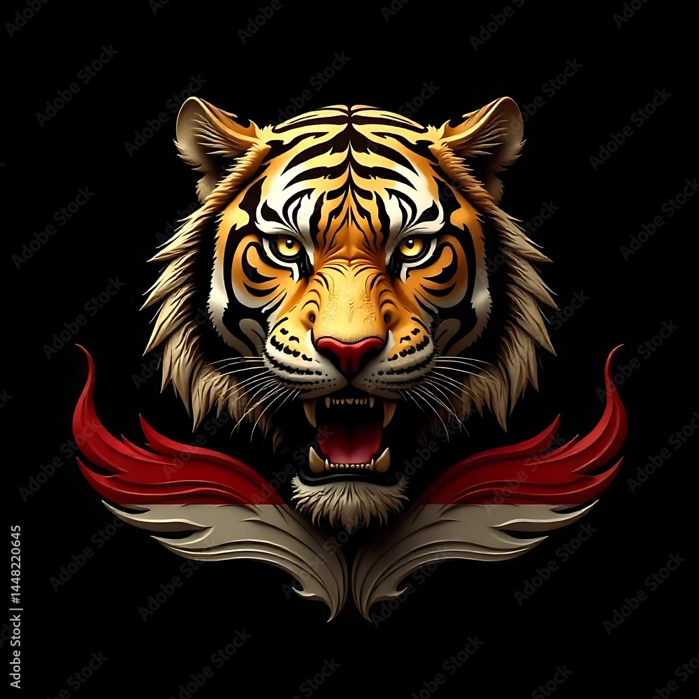 Fototapeta premium Powerful tiger face illustration with intense eyes and artistic crest frame high resolution picture