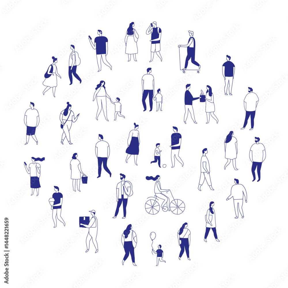 Background stylized people silhouette line vector set isolated on white. People crowd. Men and women, kids walking outdoor. Contour, drawing, people, character