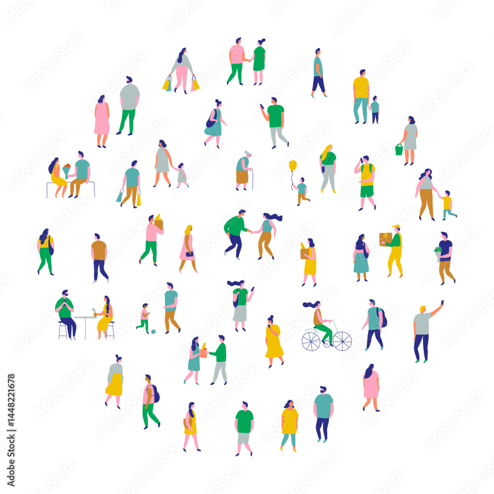 Background stylized people silhouette line vector set isolated on white. People crowd. Men and women, kids walking outdoor. Contour, drawing, people, character