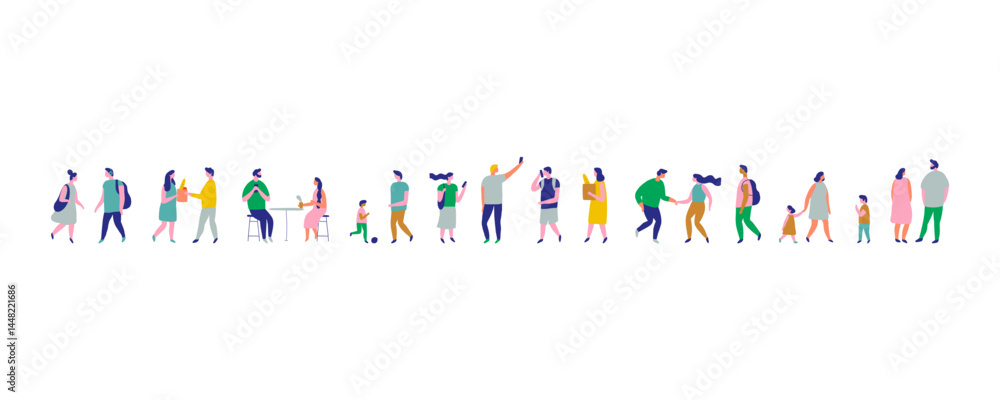 Background stylized people silhouette line vector set isolated on white. People crowd. Men and women, kids walking outdoor. Contour, drawing, people, character