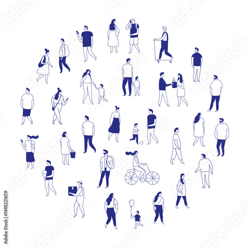 Background stylized people silhouette line vector set isolated on white. People crowd. Men and women, kids walking outdoor. Contour, drawing, people, character