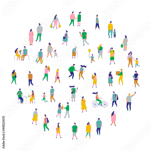 Obraz na płótnie Background stylized people silhouette line vector set isolated on white. People crowd. Men and women, kids walking outdoor. Contour, drawing, people, character w salonie