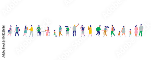 Background stylized people silhouette line vector set isolated on white. People crowd. Men and women, kids walking outdoor. Contour, drawing, people, character