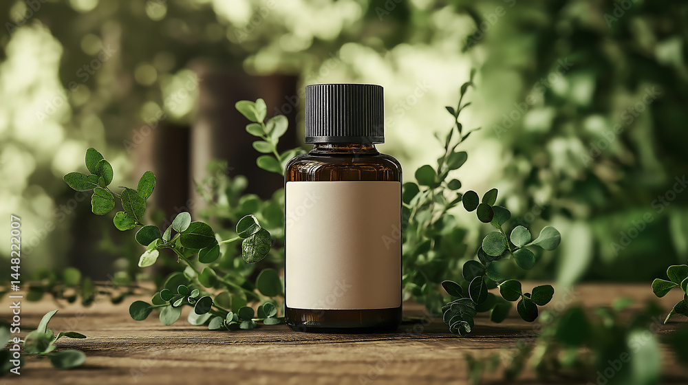 Amber cosmetic bottle with label for text on wooden table with green plants, product mockup Amber cosmetic bottle with label for text on wooden table with green plants, product mockup