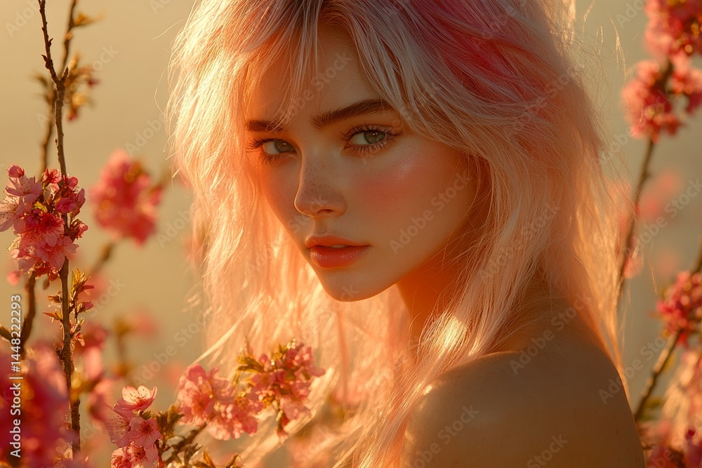 Gorgeous caucasian young woman surrounded by cherry blossoms. Spring mood, soft daylight and fog. Commercial digital ads idea. Woman in blooming cherry tree park. Woman in bright spring garden.