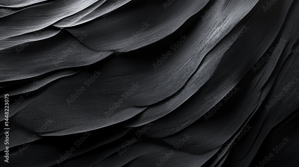 Obraz premium Dark gray textured surface with wavy, layered pattern creating depth and shadows, showcasing abstract elegance ideal for modern design