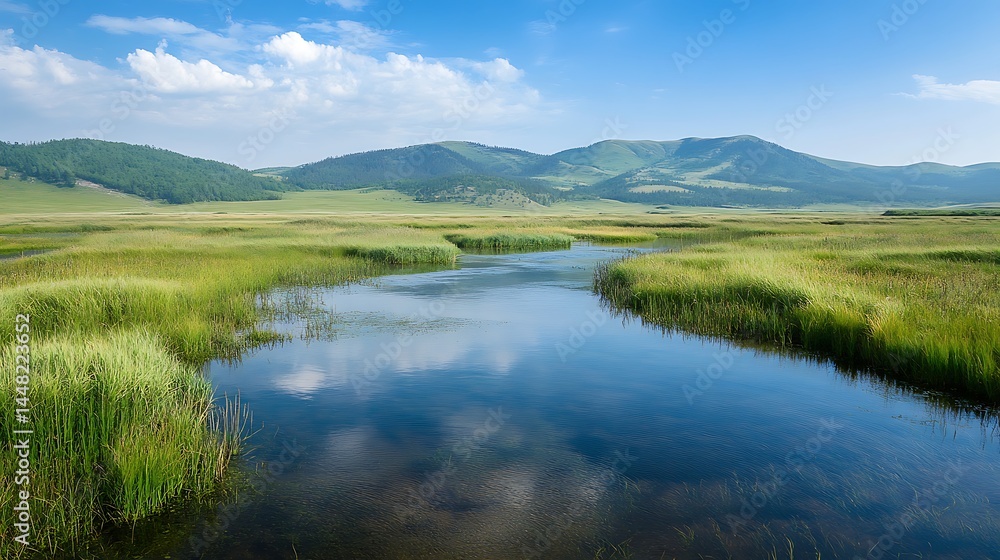 Scenic River Flowing Through Green Meadow Landscape Under Clear Blue Sky Scenic River Flowing Through Green Meadow Landscape Under Clear Blue Sky