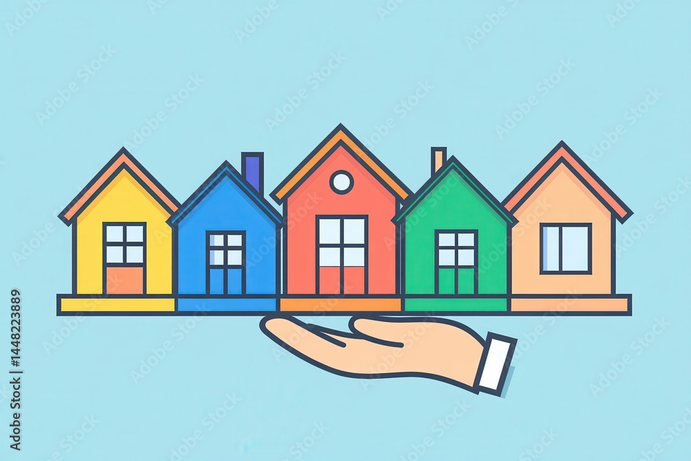 Fototapeta premium Colorful houses on a hand illustration representing real estate and housing support
