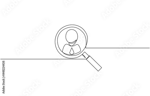 Magnifying glass with profile icon continuous one line drawing. Human Resources Sketchy Doodle Vector Line Icon with Editable Stroke.