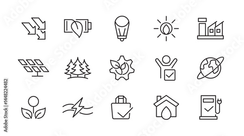 Renewable Energy line icon set. Green technology, energy, power, supply, ecology, eco, electricity, neutral, leaf, nature, solar, panel vector line icon set. Ui thin line icon pack.