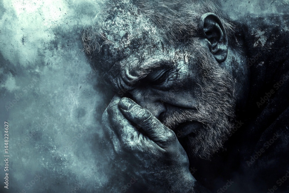 Metaphorical grief awareness of a loss of pleasure or interest. Grief - cause of depression: abstract image of human state. Sadness and anxiety. Coping with loss. Depression recovery process.