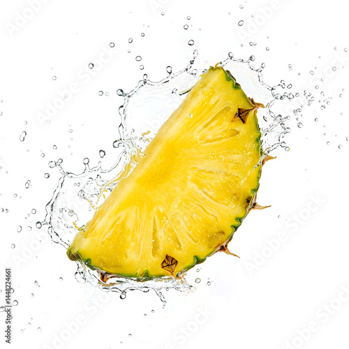 Fresh pineapple slice with water splash on white background, ai generative