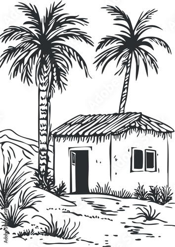 Black and white sketch of a small tropical hut with palm trees surrounded by plants and shrubbery