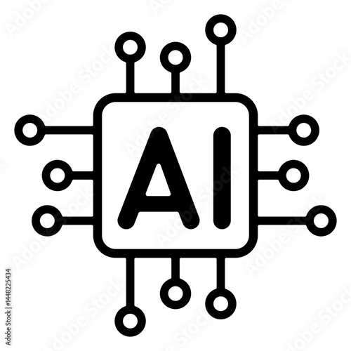 Minimal AI Chip with Circuit Lines. Black and white vector illustration