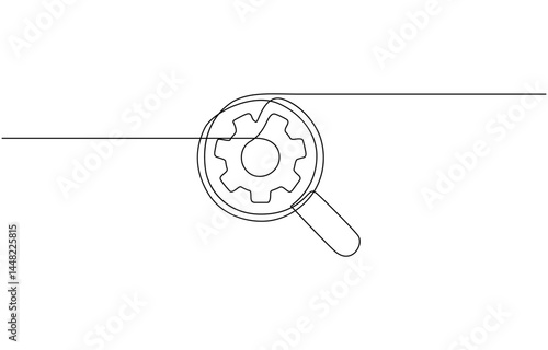 Gear and magnifying glass linear icon. Continuous one line drawing gear and magnifying glass icon, Business analysis and engine optimization in outline style.