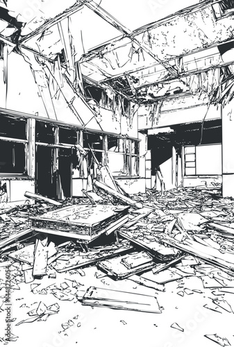 Black and white illustration of a destroyed abandoned building interior with broken ceiling and scattered debris