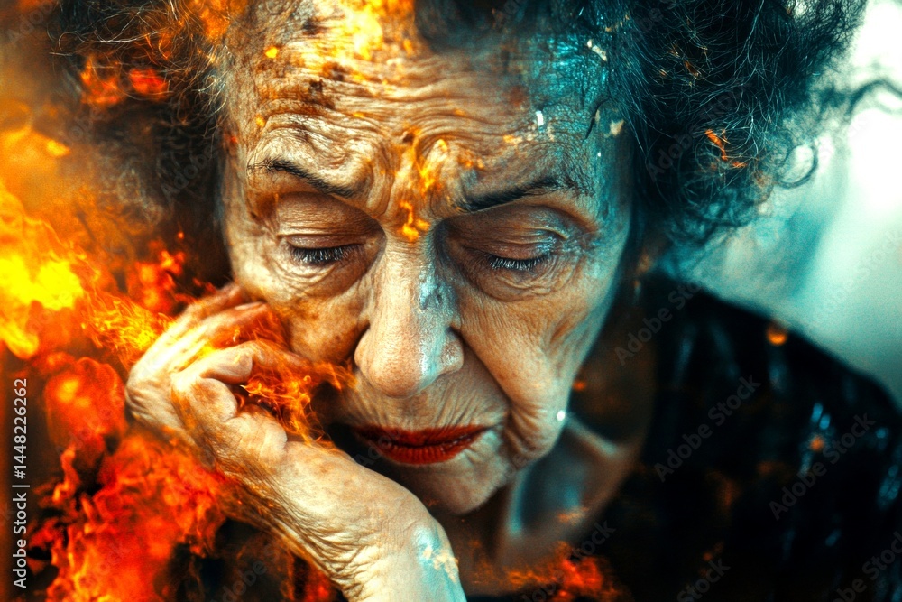 Older adults’ health. Metaphorical chronic fatigue awareness of a aging. Old age difficulties. Elderly comfort. Chronic fatigue - concern in old age: abstract image of individual status.
