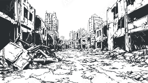 Black and white illustration of a destroyed urban street with ruined buildings and debris scattered around