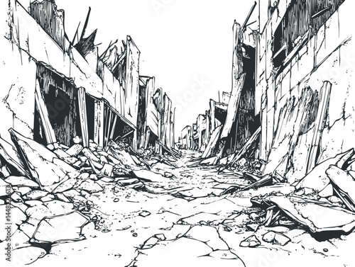 Black and white illustration of a destroyed urban street with ruins and rubble on the ground