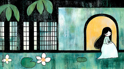 Serene girl sits near tranquil garden archway, lily pads, and Asian-style architecture; perfect for children's book illustration