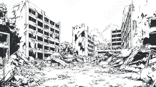 Black and white sketch of an urban area with destroyed buildings and debris showing post-apocalyptic ruins.