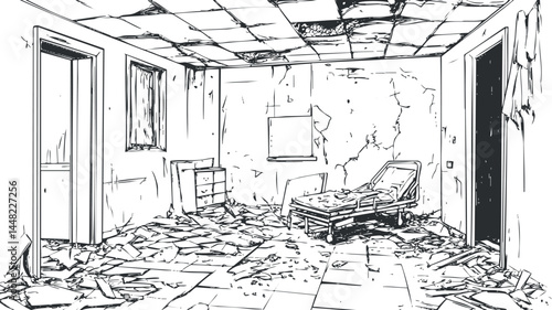 Black and white sketch of an abandoned hospital room with a broken bed and debris scattered on the floor