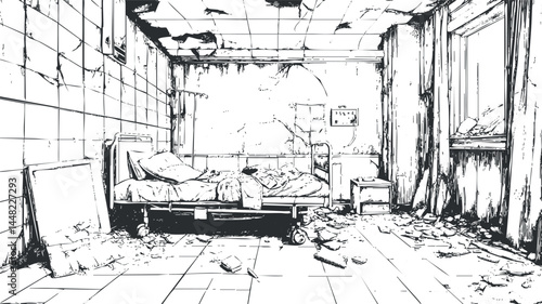 Abandoned hospital room with broken bed, damaged walls, peeling ceiling, and debris scattered on floor
