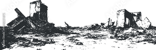 Black and white illustration of a desolate scene with ruined buildings and debris scattered on the ground.