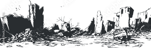 Black and white sketch of a destroyed urban area with ruined buildings and rubble debris