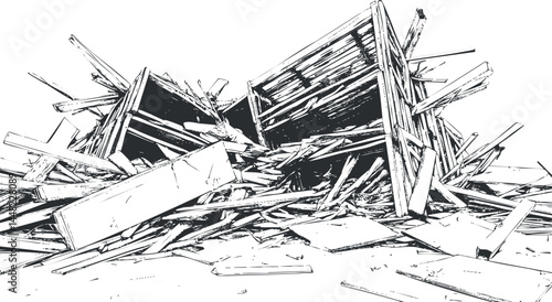 Black and white illustration of a chaotic pile of broken wooden debris and wreckage scattered in disorder.