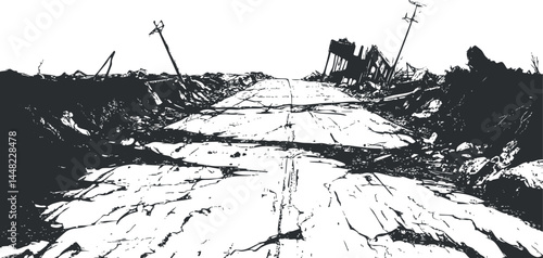 Black and white illustration of a destroyed cracked road with ruins and fallen poles in a post-apocalyptic setting
