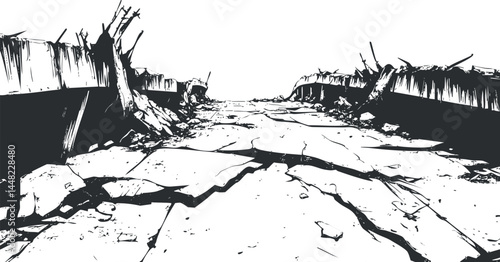 Black and white illustration of a cracked and destroyed road with debris and ruins on the sides, depicting devastation and apocalypse.