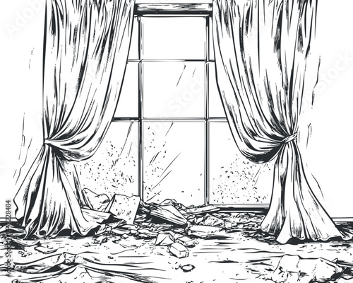 Black and white sketch of an old window with torn curtains and shattered glass debris scattered on the floor inside a damaged room.
