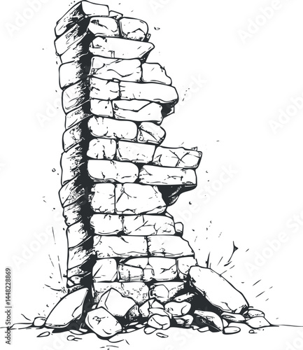 Broken and cracked stone wall ruins with rubble and debris in black and white illustration