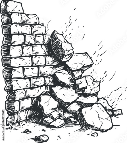 Black and white sketch of a broken stone wall with cracked and fallen bricks in ruins