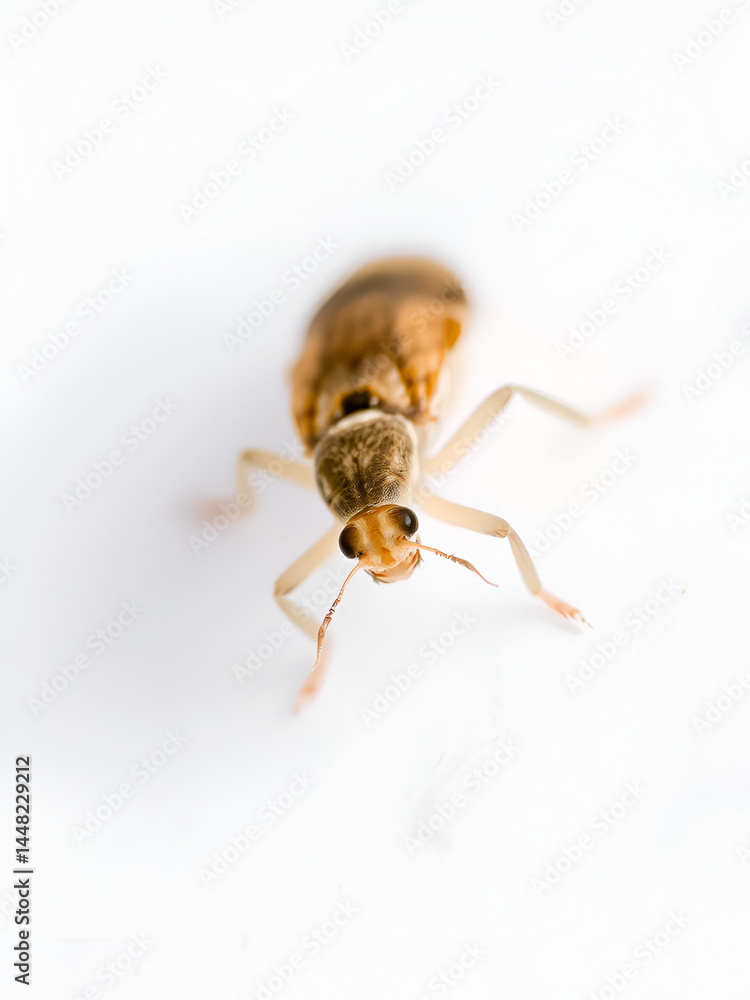 Fototapeta premium Close-up macro view of a small psocoptera booklouse insect, also known as paper mites, isolated on a pure white background, highlighting its delicate features.