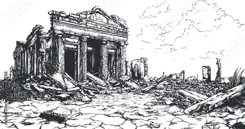 Black and white drawing of ancient temple ruins with broken columns and debris scattered around