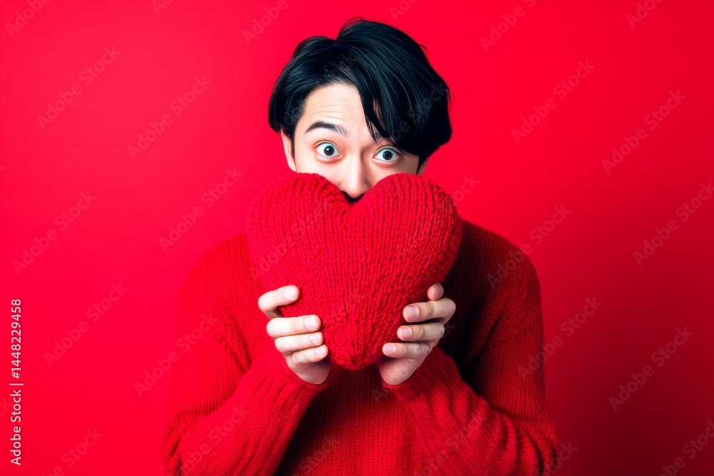 Professional studio photo, copy space. Isolated white adult man on red background with knitted heart in hands. Cute Valentine's Day greeting.
