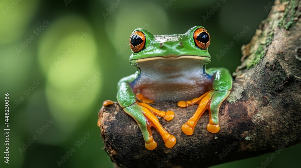 Obraz premium A vibrant green frog perches on a branch in a lush environment. This image captures the beauty of nature and wildlife. Perfect for educational and artistic purposes. Generative AI